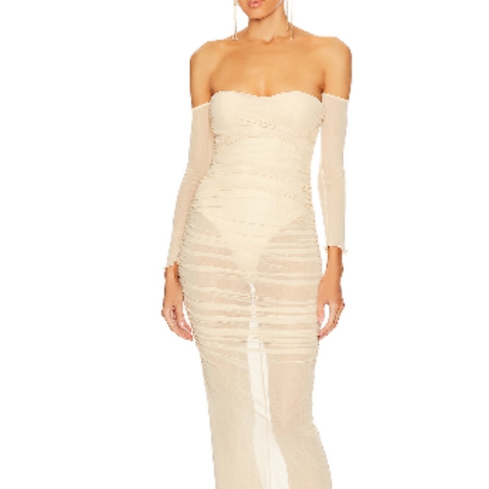 Camila Coelho Off-Shoulder Sheer Ruched Maxi Dress in Cream